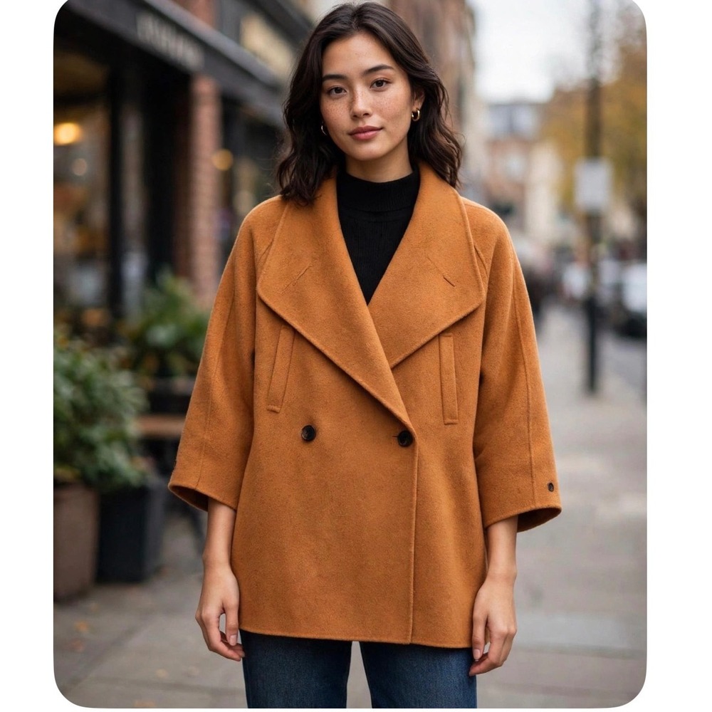Issue Wool Blend Double Breasted Pea Coat Orange 3/4 Sleeve Made in Korea